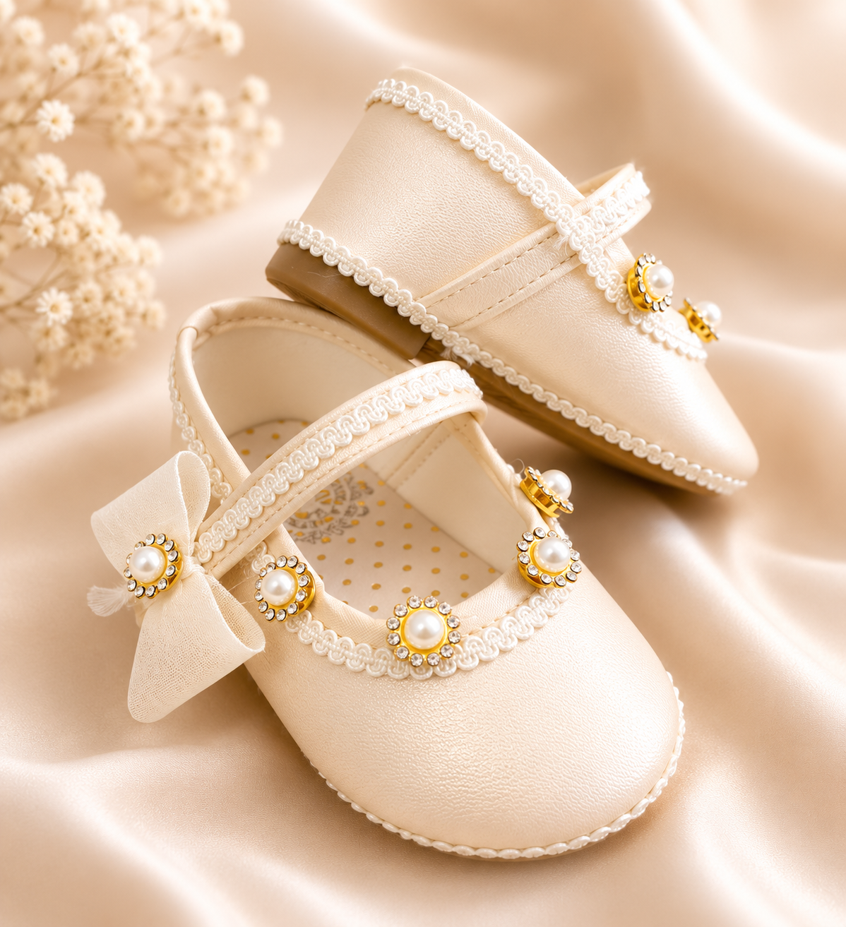 04 Champagne Bow Girl’s Shoes with Soles/ Zapatos Para Niña Champan Moño Con Suela