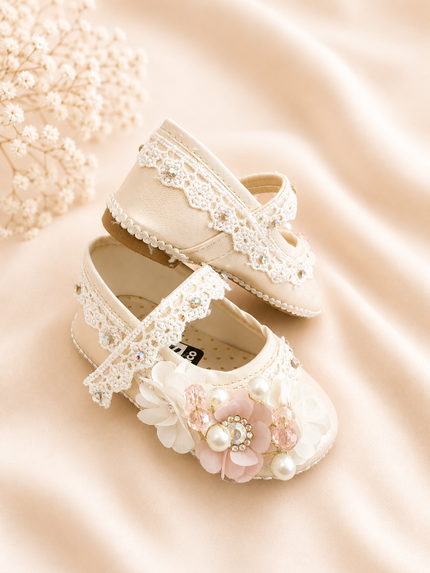06 Pink Flower Girl’s Shoes with Soles/ Zapatos de Flor Rosa Para Niña Con Suela