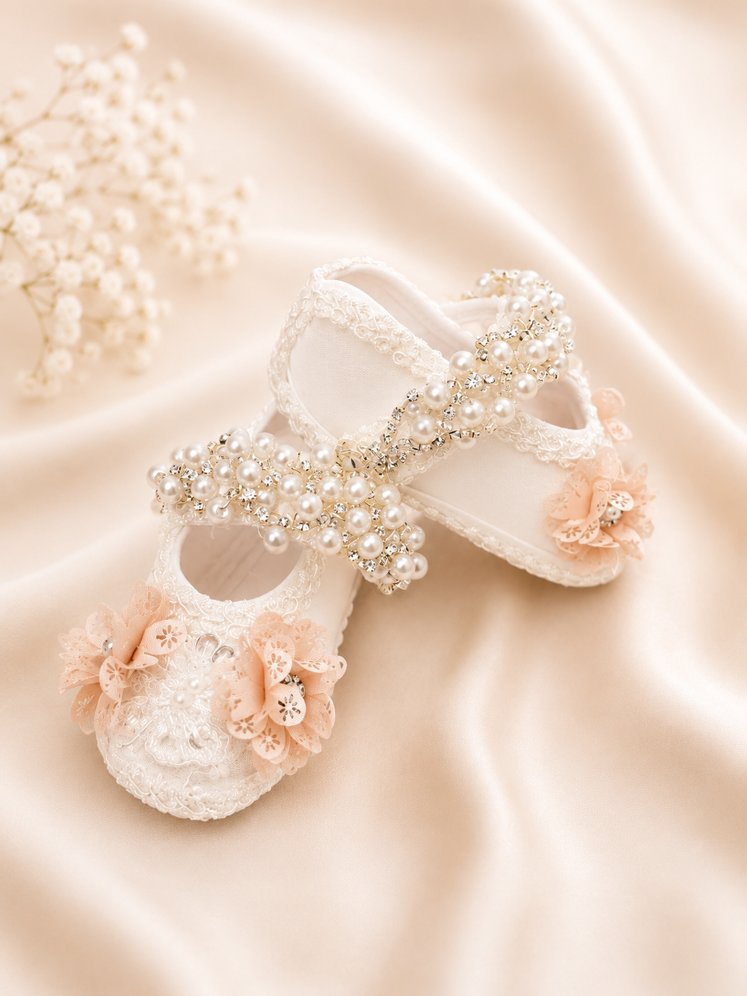 08 Infant Champagne Fabric Girl’s Shoes w/out Soles/ Zapatos de tela Para Niña color Champan Sin Suela
