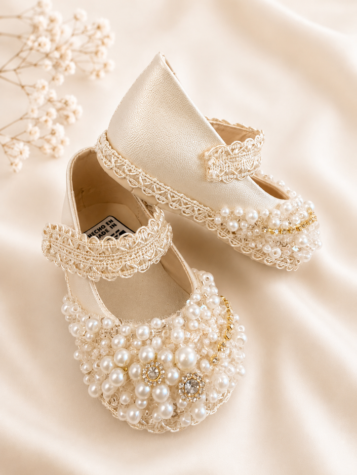 05 Pearl Girl’s Shoes with Soles/ Zapatos de Perlas Para Niña Con Suela
