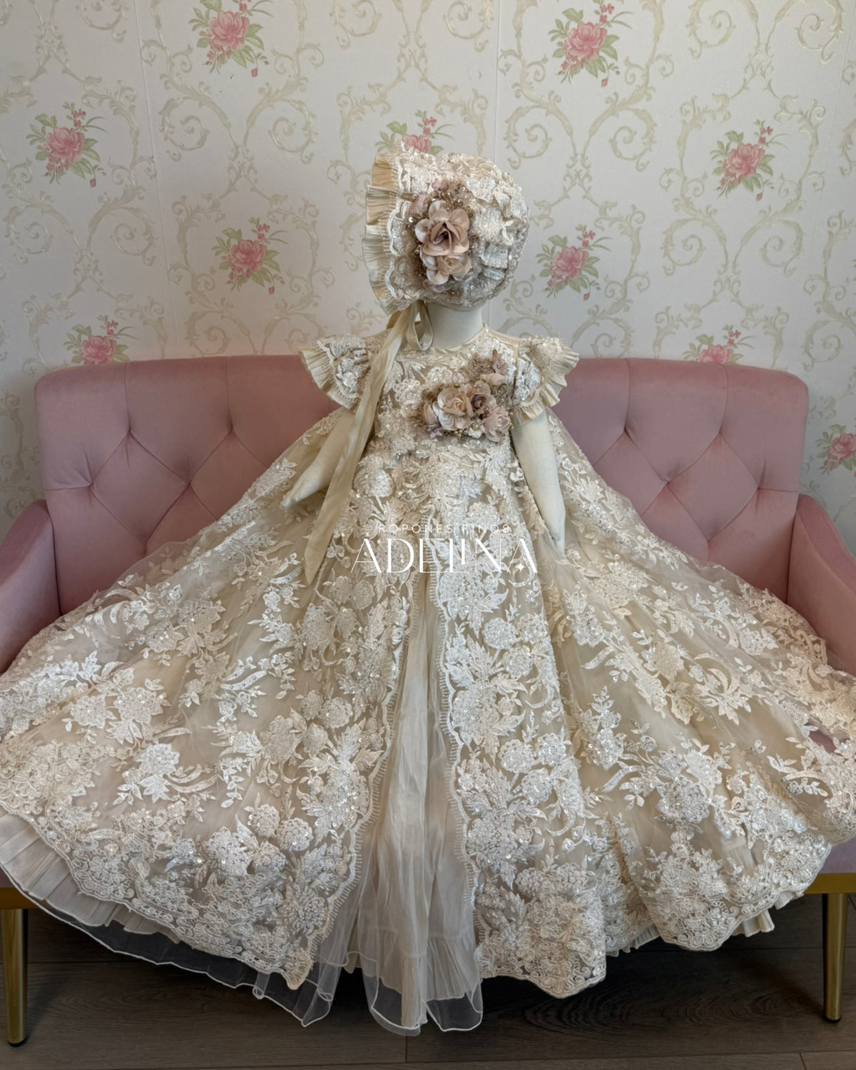 Elenor- Short Sleeve Champagne (Ropón/Christening Gown)