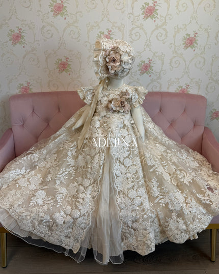 Elenor- Short Sleeve Champagne (Ropón/Christening Gown)