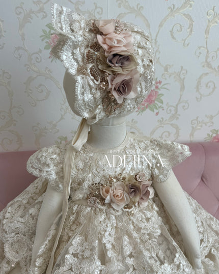 Soledad-Short Sleeve Champagne (Ropón/Christening Gown)